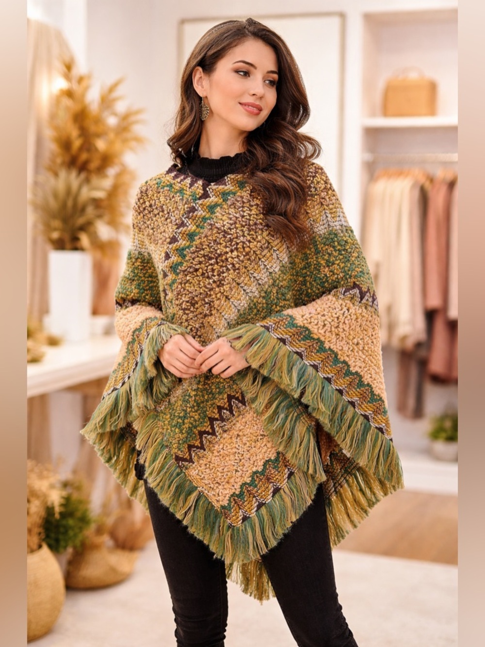 Cozy Fringed Knit Poncho in Olive, Mustard & Cream